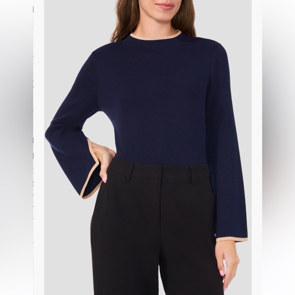 NEW- Halogen Tipped Flare Cuff Mock Neck Sweater in Navy/Tan